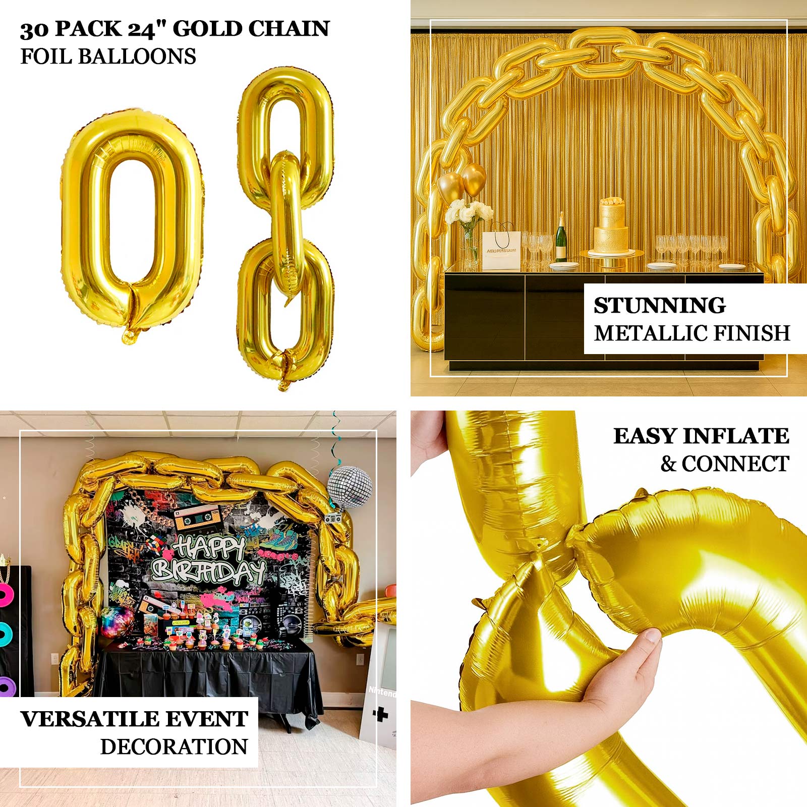 30-Pack 24" Gold Chain Foil Balloons – Jumbo Link Mylar Balloons for 90s Hip Hop Party Arches Up to 44ft Long Balloon Chain