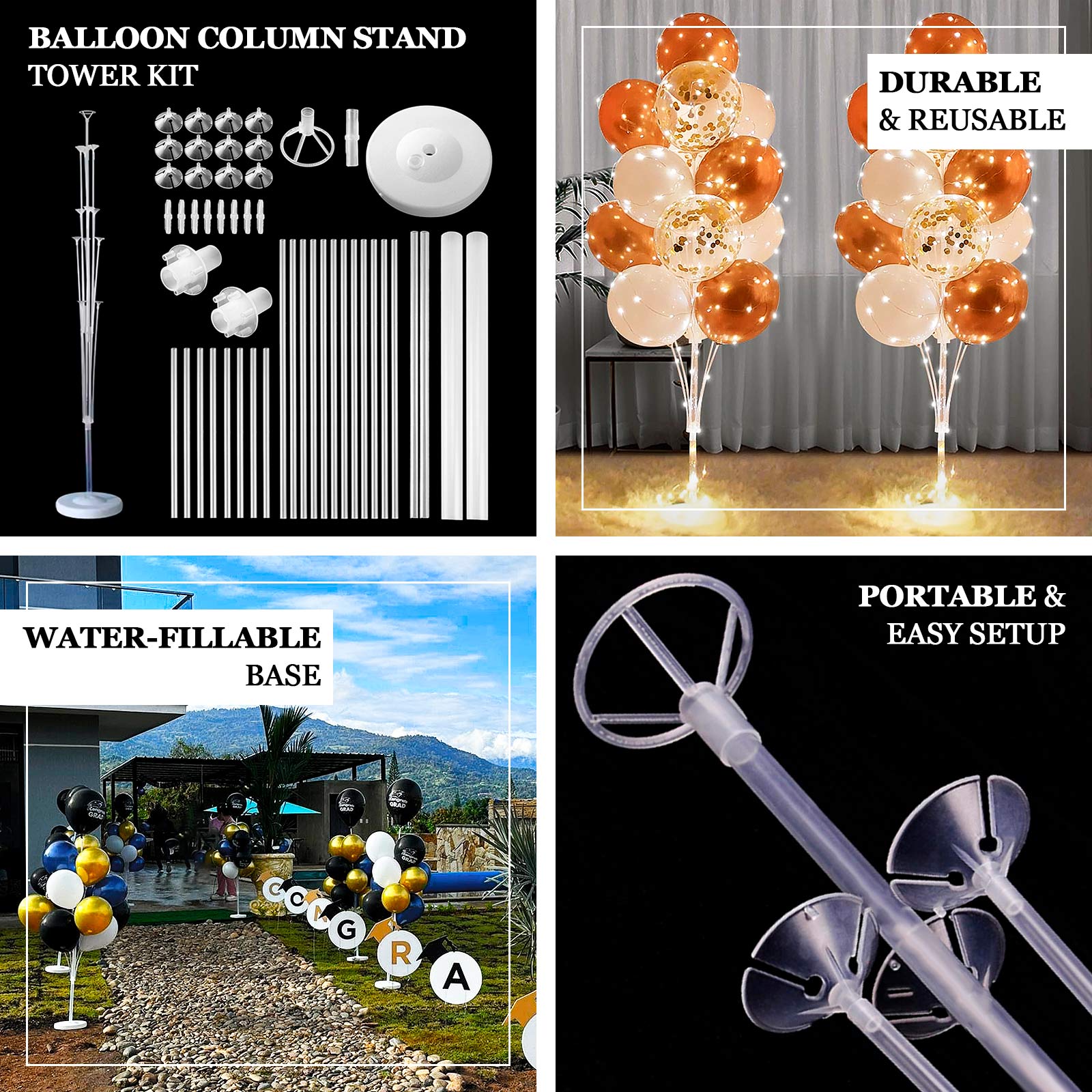 2 Pack Balloon Tower Kit for Floor Displays – 4.5ft Sturdy Clear Balloon Column Stand with Water-Fillable Base