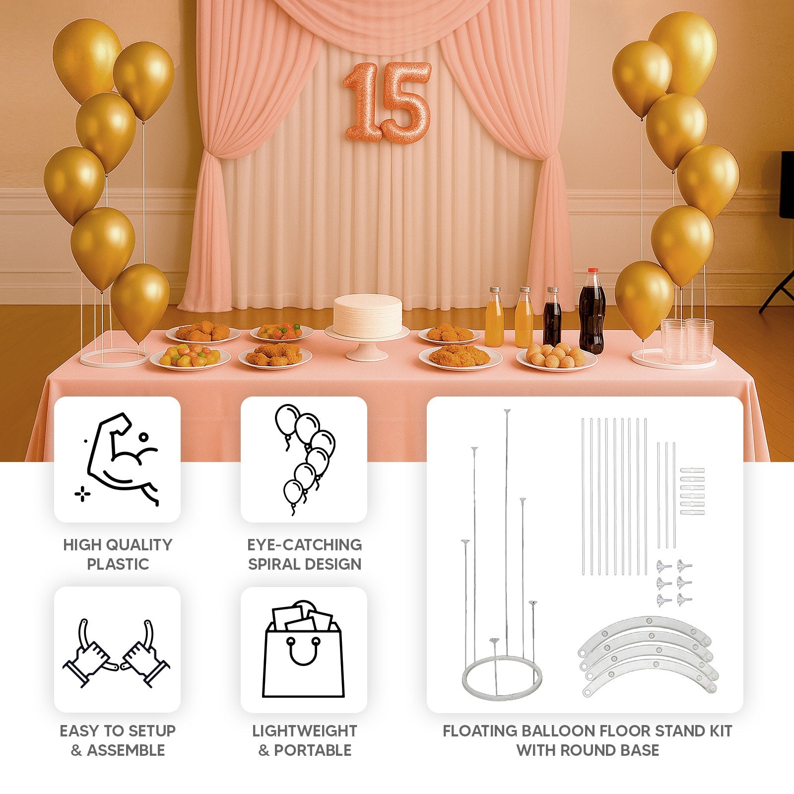 2-Pack 3ft Floating Balloon Floor Stand Kit – White Spiral Balloon Holder with Round Base for Party Decorations