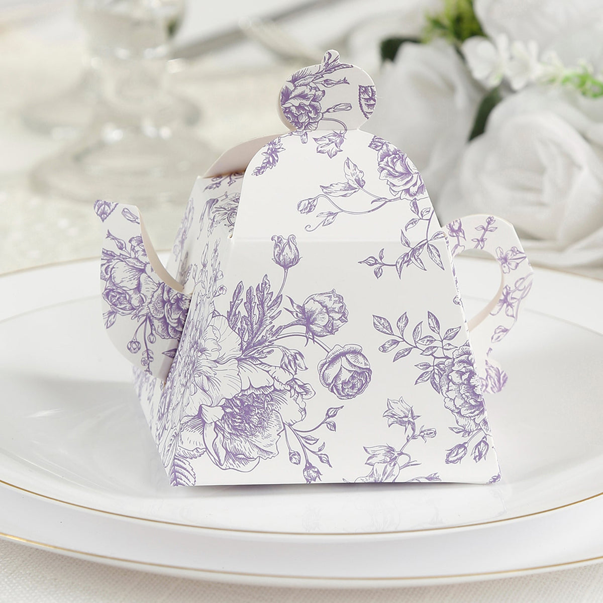 25 Pack 5"x4" Mini Teapot Favor Boxes – White Lavender French Toile Design Gift Boxes