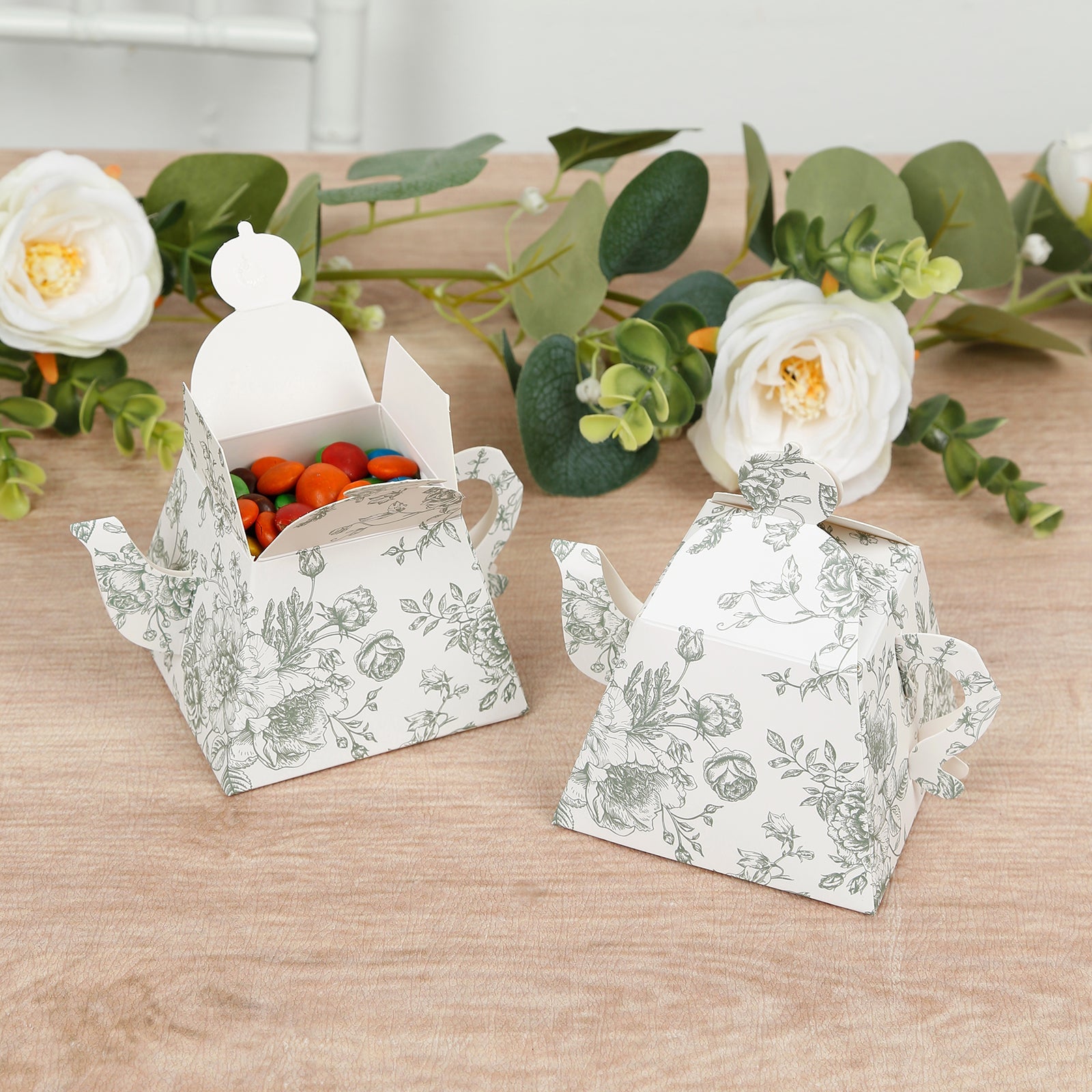 25 Pack 5"x4" Mini Teapot Favor Boxes – White Sage Green French Toile Design Gift Boxes