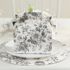 25 Pack Candy Treat Tote Boxes in French Toile Pattern - Matte Black and White Party Favor Gable Boxes, Cardstock Paper - 6"x3.5"x7"