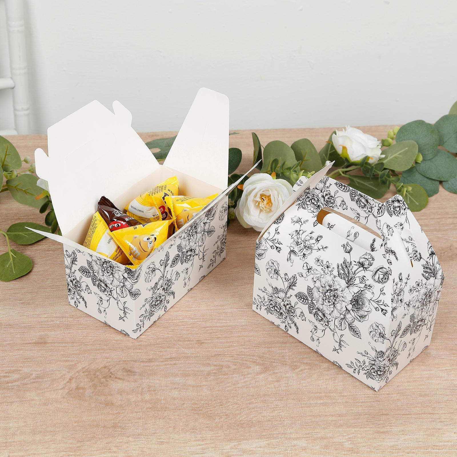 25 Pack Candy Treat Tote Boxes in French Toile Pattern - Matte Black and White Party Favor Gable Boxes, Cardstock Paper - 6"x3.5"x7"