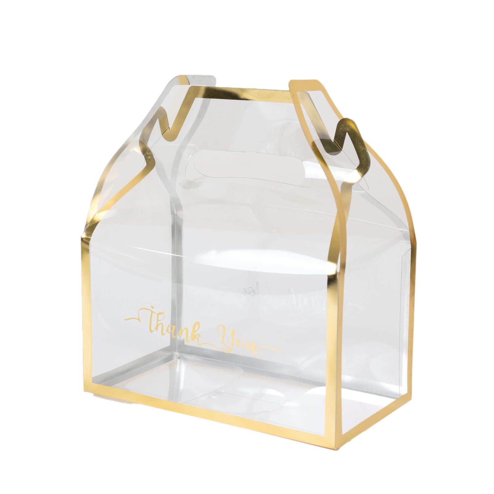 25 Pack Clear PVC Tote Gift Boxes with Gold Trim, Transparent Gable Candy Favor Boxes with Thank You Design - 6"x3.5"x7"