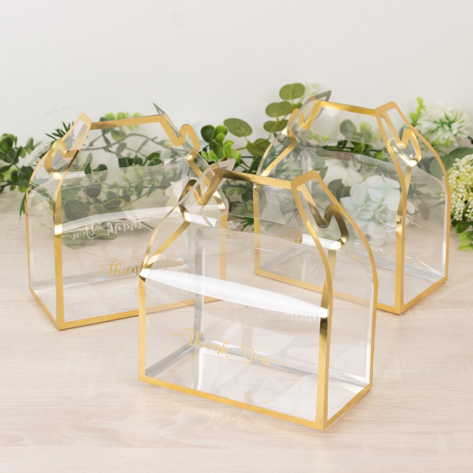 25 Pack Clear PVC Tote Gift Boxes with Gold Trim, Transparent Gable Candy Favor Boxes with Thank You Design - 6"x3.5"x7"