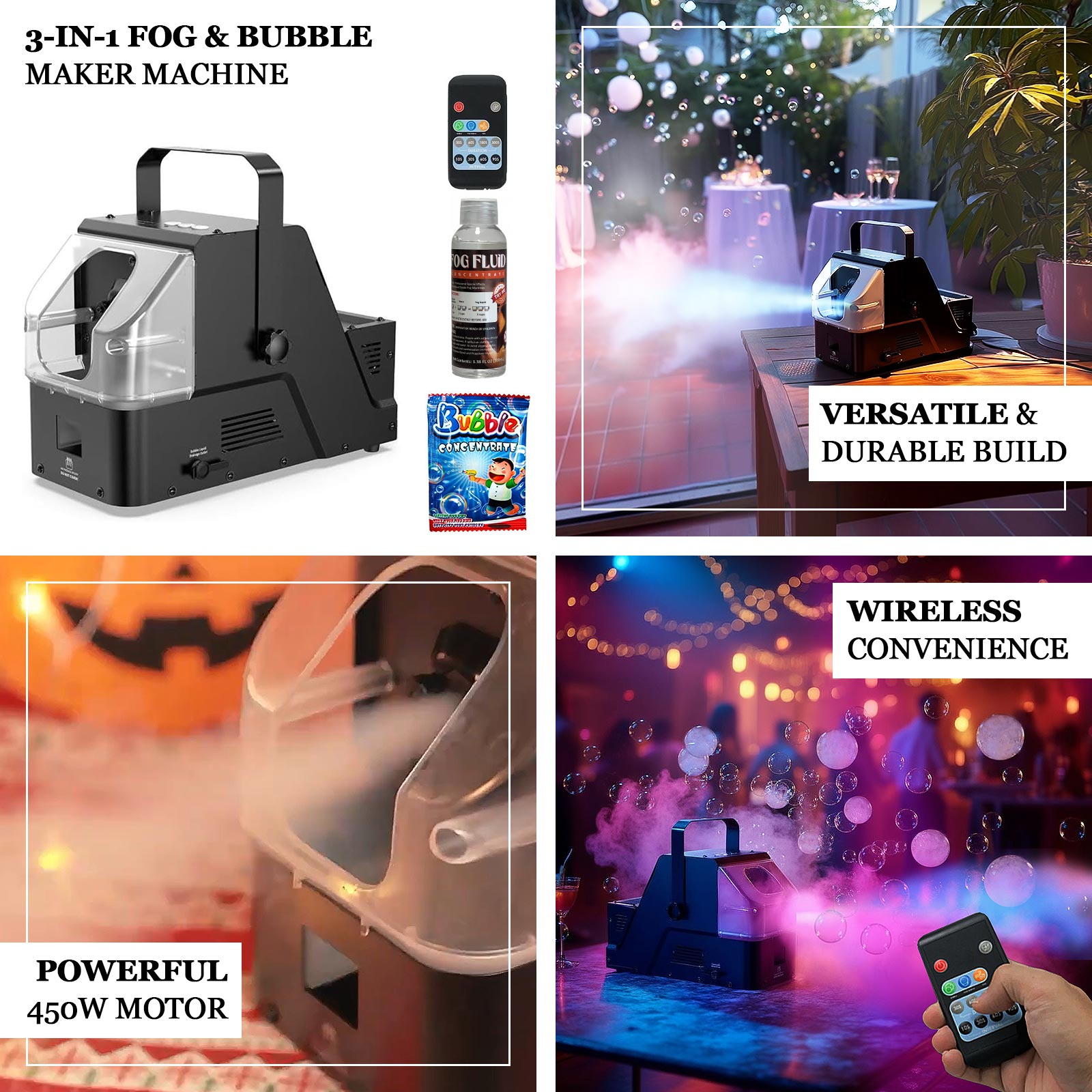 450W 3-in-1 Fog Bubble Machine with Wireless Remote – 550ml Smoke & Bubble Maker for DJ, Stage, Wedding, Halloween & Party Effects