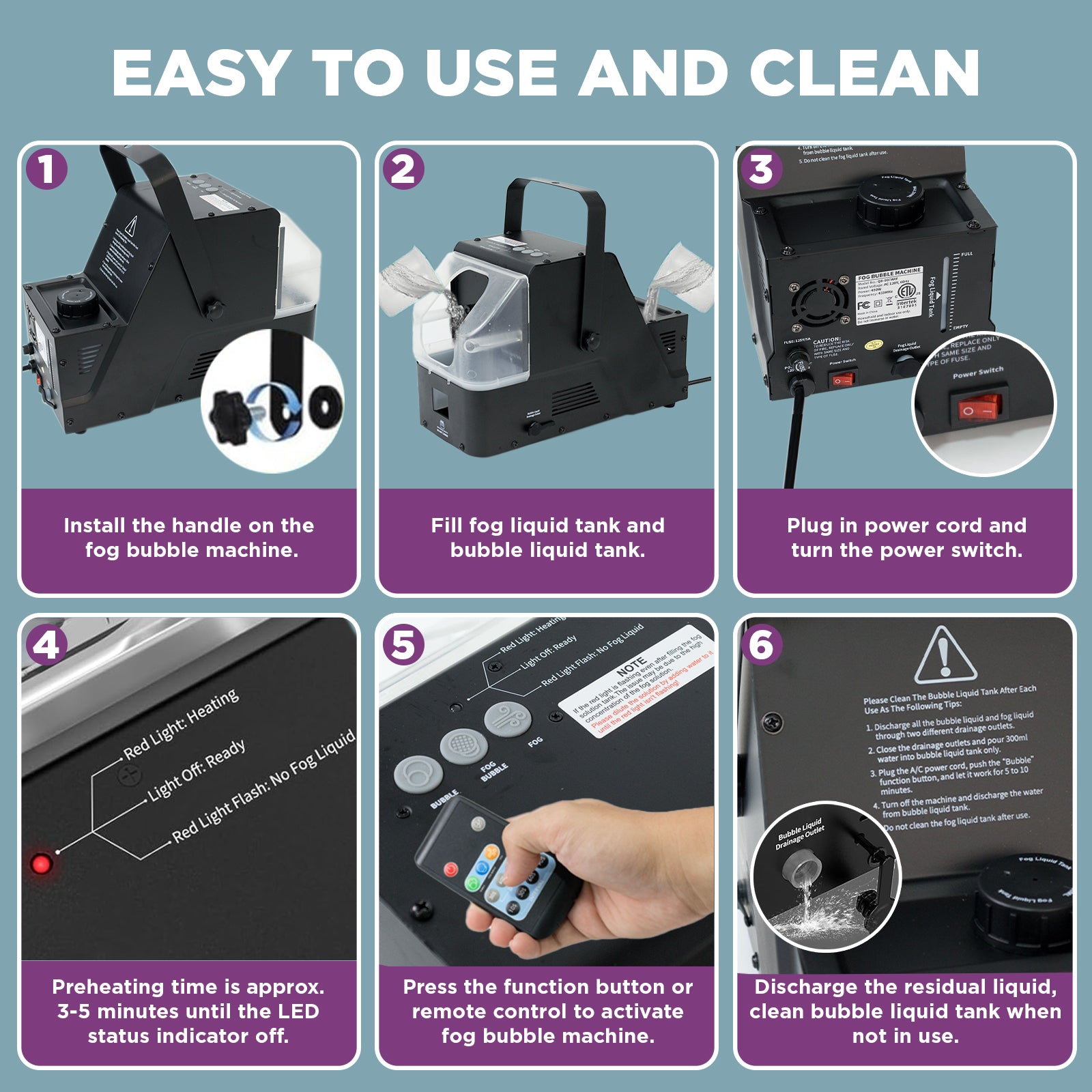 450W 3-in-1 Fog Bubble Machine with Wireless Remote – 550ml Smoke & Bubble Maker for DJ, Stage, Wedding, Halloween & Party Effects