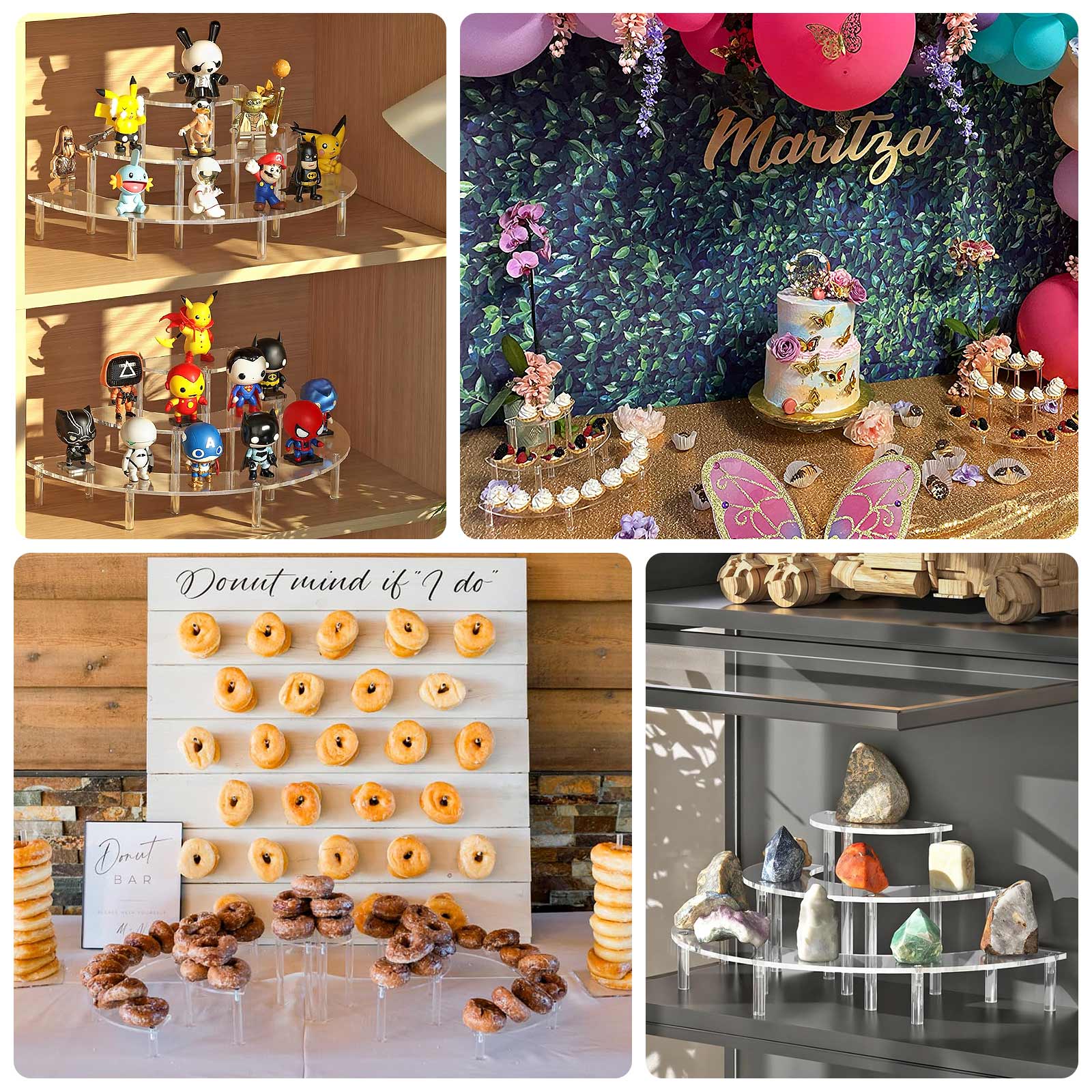 Set of 3 Acrylic Half-Moon Display Riser Stands – 3-Tier Clear Dessert Pedestal for Cakes, Collectibles & Figurines - 7",13",18"