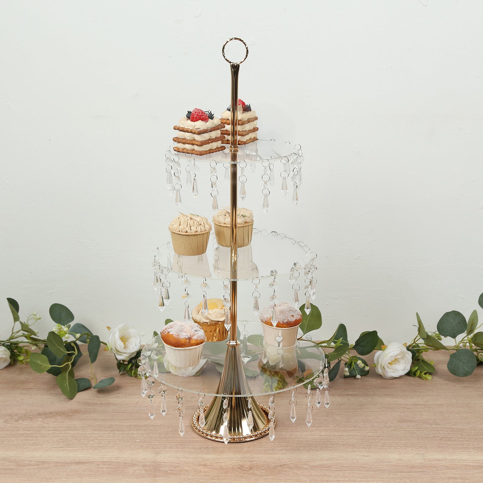 3-Tier Gold Cupcake Stand – 2ft Acrylic and Metal Dessert Display Tower with Hanging Crystals