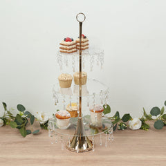 3-Tier Gold Cupcake Stand – 2ft Acrylic and Metal Dessert Display Tower with Hanging Crystals