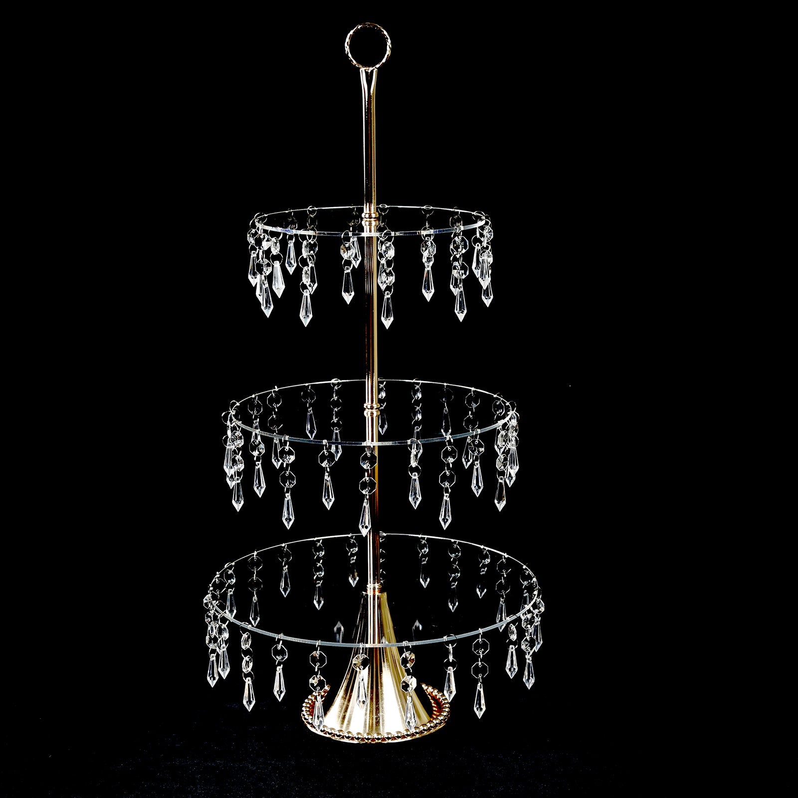 3-Tier Gold Cupcake Stand – 2ft Acrylic and Metal Dessert Display Tower with Hanging Crystals