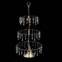 3-Tier Gold Cupcake Stand – 2ft Acrylic and Metal Dessert Display Tower with Hanging Crystals