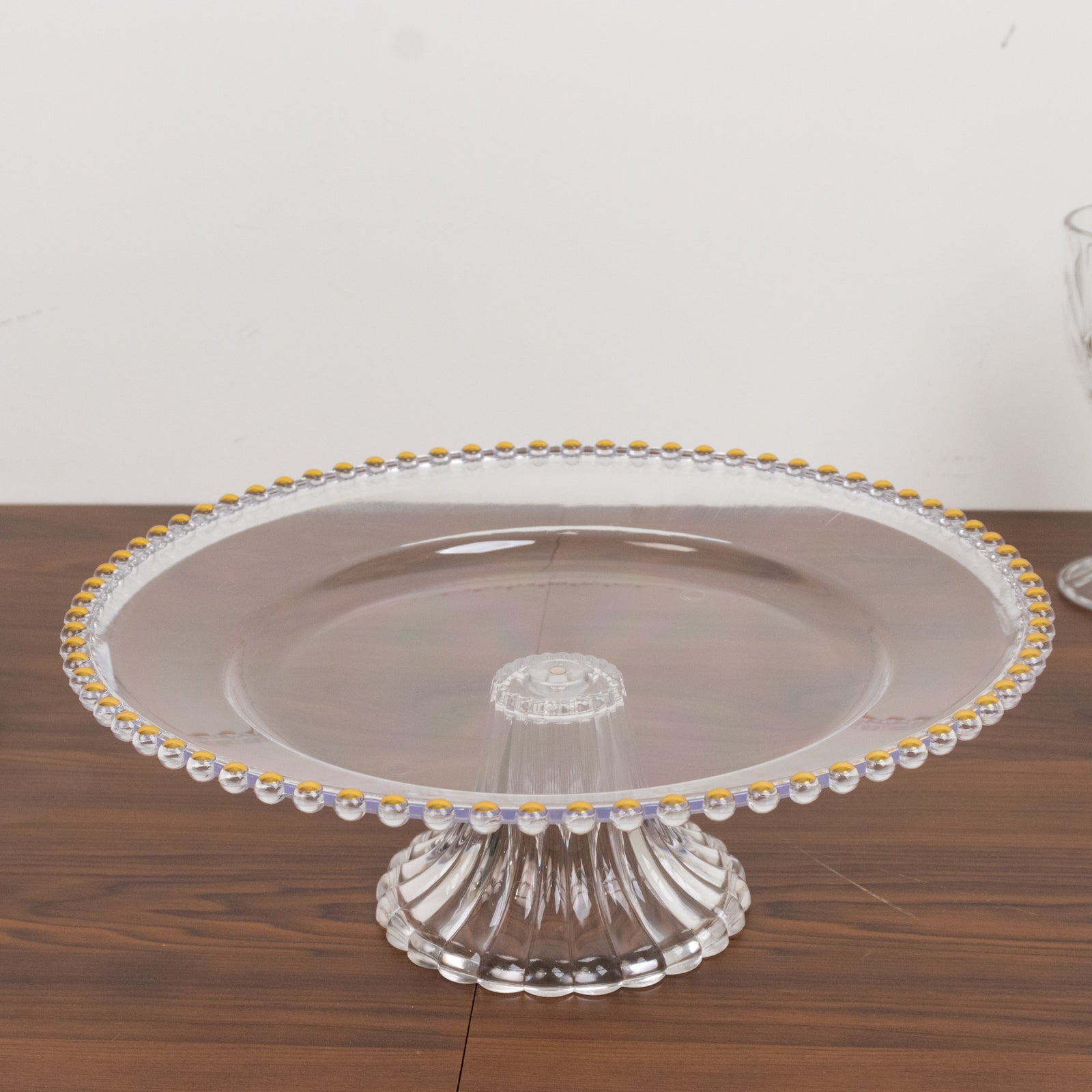 2-Pack Clear Plastic Pedestal Cake Stands – 13" Round Dessert Display Trays with Gold Beaded Rim