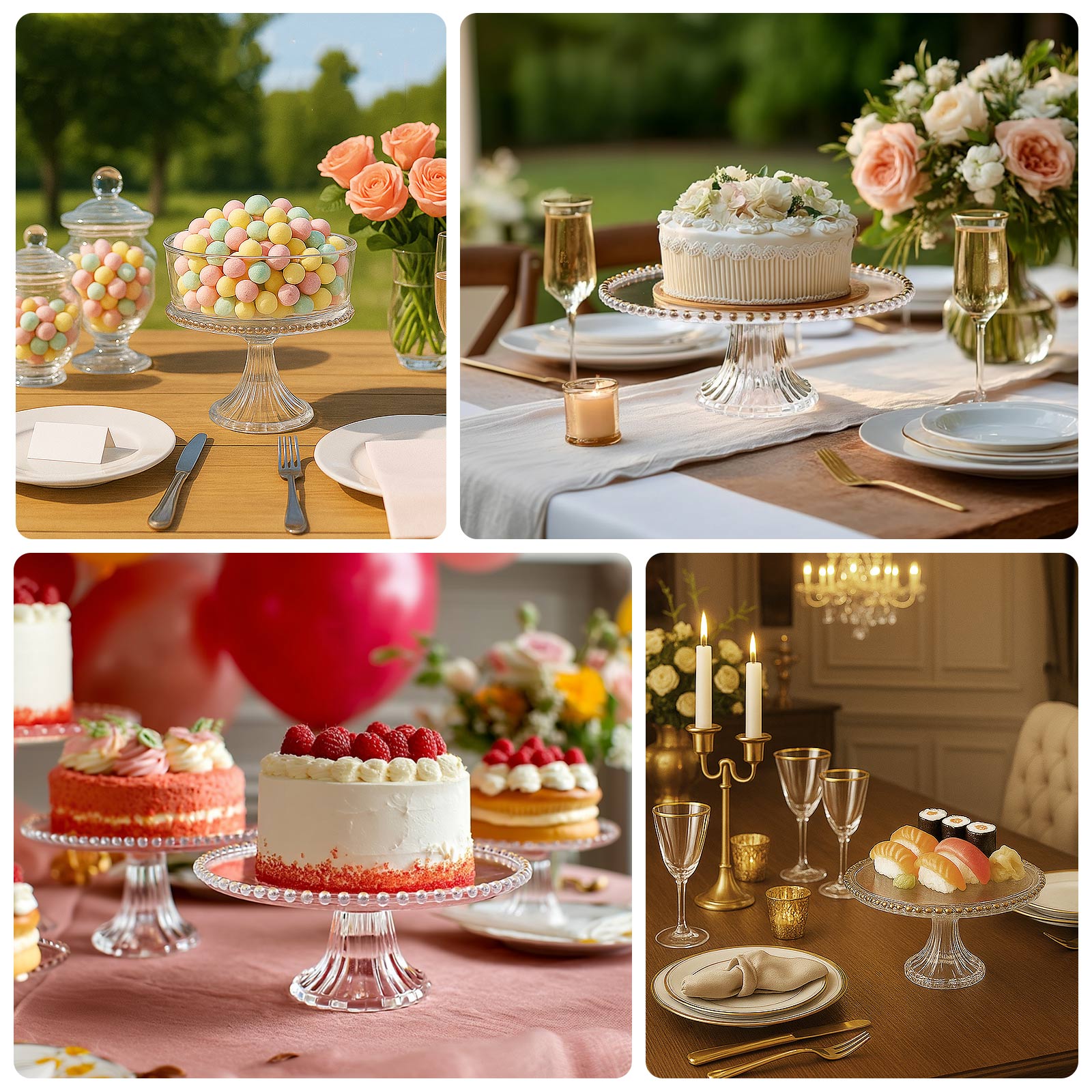 2-Pack Clear Plastic Pedestal Cake Stands – 13" Round Dessert Display Trays with Gold Beaded Rim