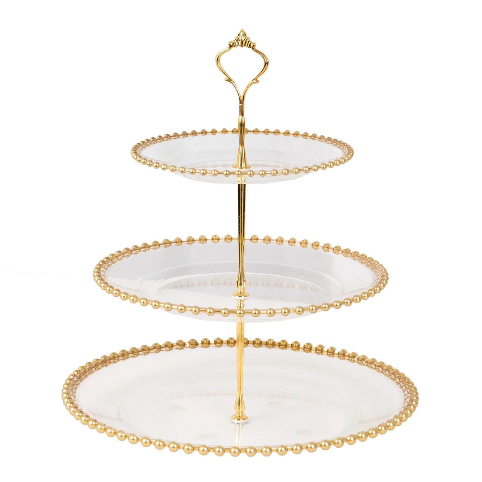 3-Tier Plastic Round Cupcake Tower Stand Clear - Versatile Dessert Display Tea Party Serving Platter with Gold Beaded Rim & Top Handle 14"