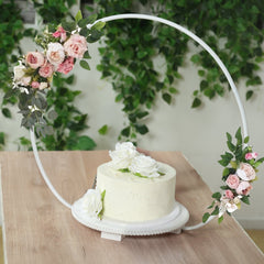 22" Metal Round Floral Hoop Cake Stand Whitewash - Dessert Display DIY Centerpiece Table Decoration with Beaded Wooden Base