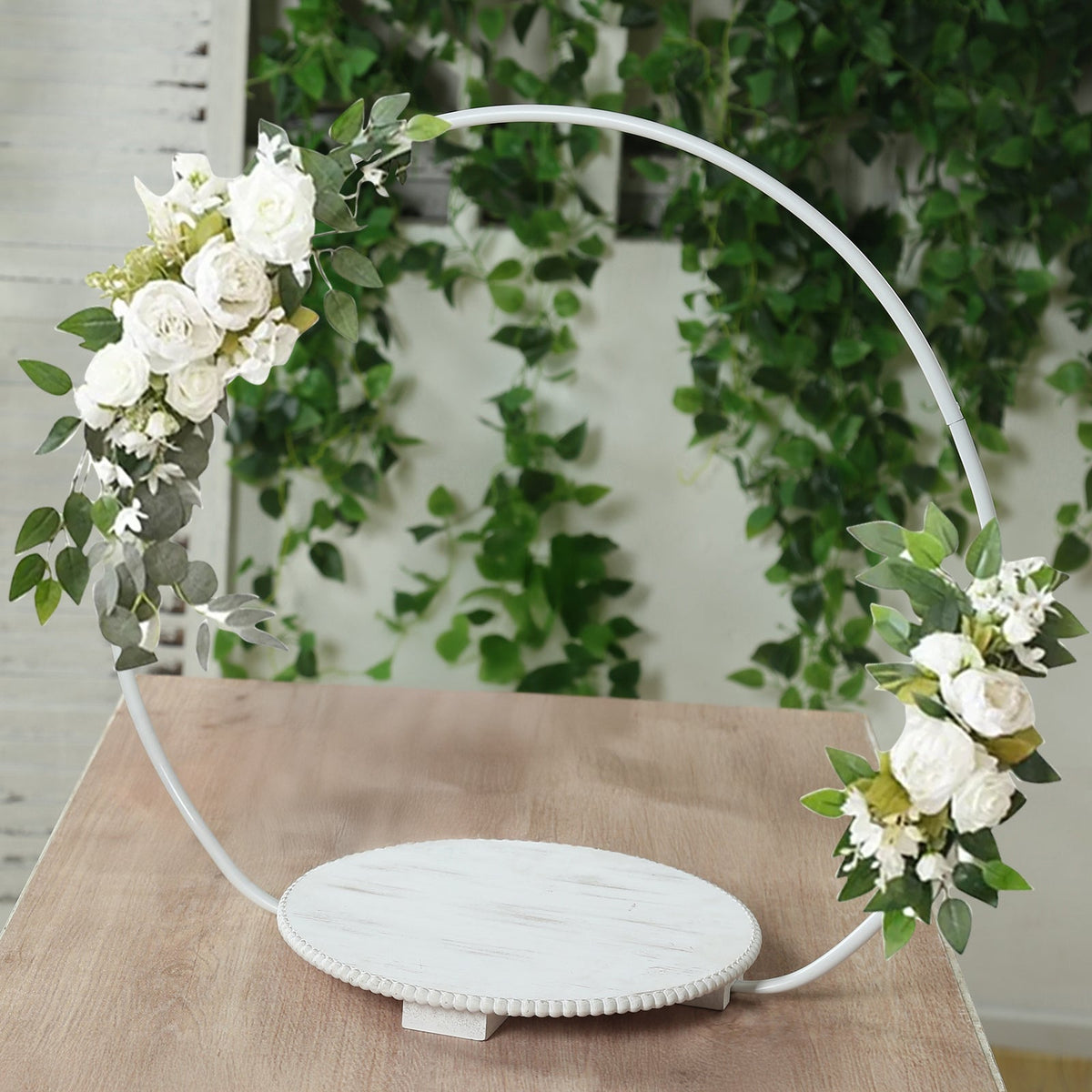 22" Metal Round Floral Hoop Cake Stand Whitewash - Dessert Display DIY Centerpiece Table Decoration with Beaded Wooden Base