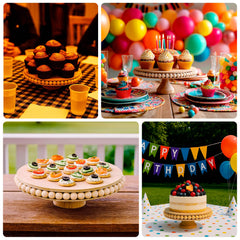 Wooden Pedestal Cake Stand Round Rustic Design with Beaded Edge Natural - Farmhouse Cupcake Holder Serving Tray 12"