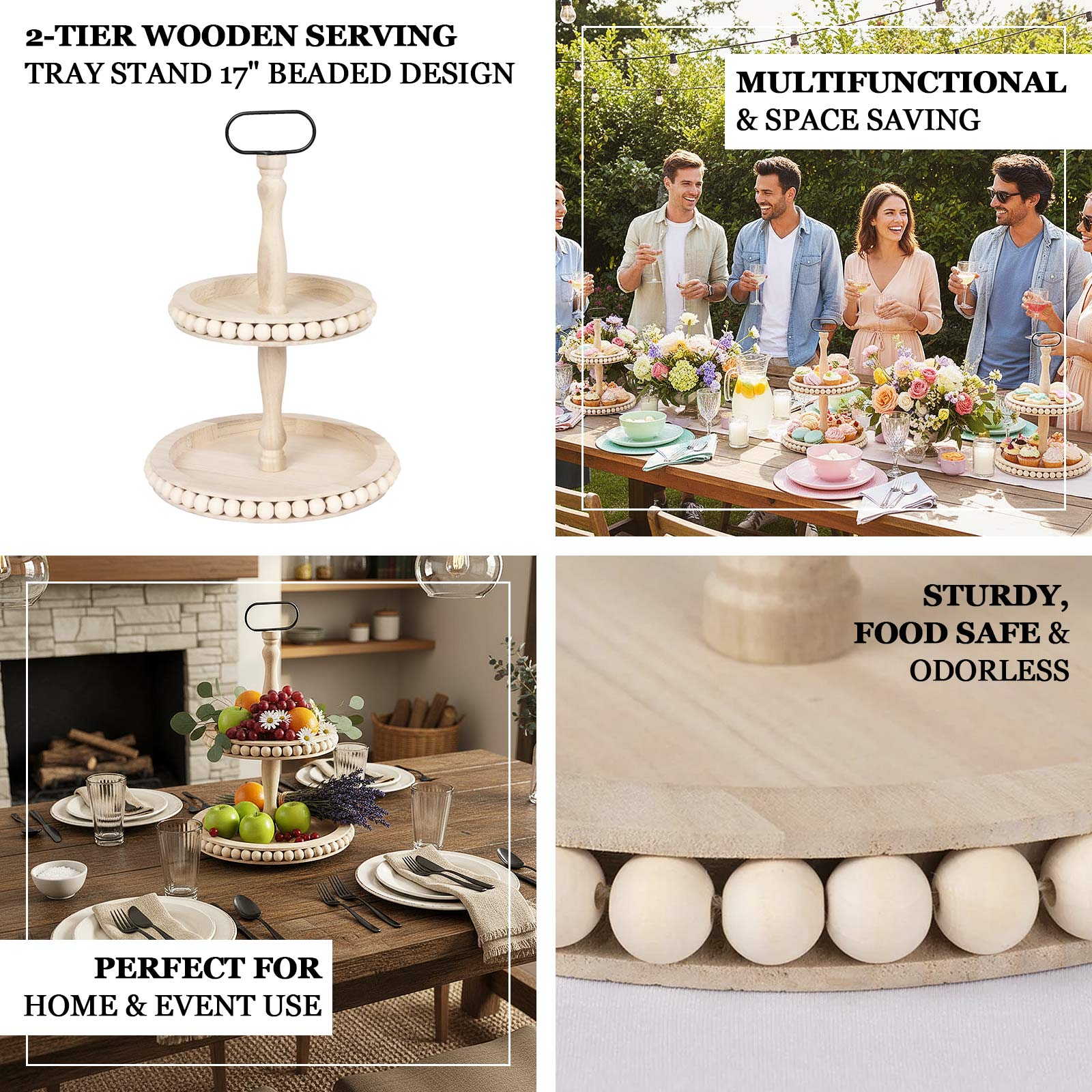 2-Tier Wooden Serving Tray Stand Beaded Design with Metal Handle Natural - Round Rustic Farmhouse Cupcake Display 17"