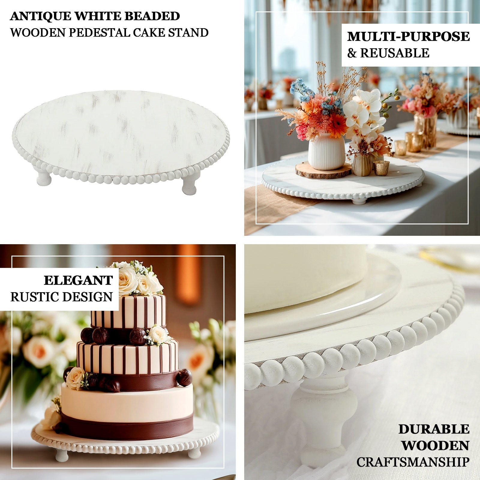 18" Rustic Wooden Cake Stand – Antique White Pedestal with Beaded Edge, Cupcake Display or Wood Slice Tray