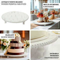 18" Rustic Wooden Cake Stand – Antique White Pedestal with Beaded Edge, Cupcake Display or Wood Slice Tray