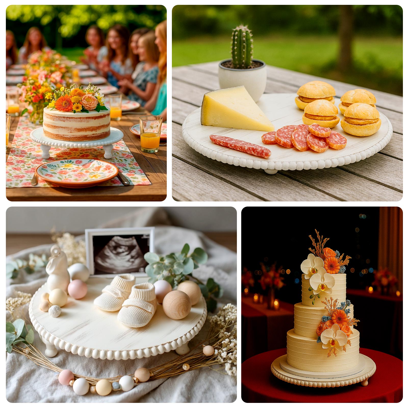 16" Rustic Wooden Cake Stand – Antique White Pedestal with Beaded Edge, Cupcake Display or Wood Slice Tray