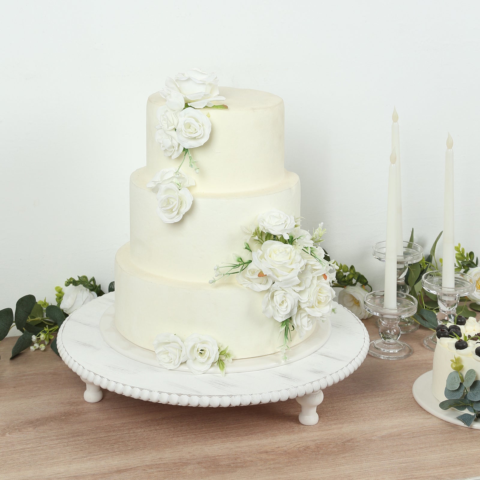 18" Rustic Wooden Cake Stand – Antique White Pedestal with Beaded Edge, Cupcake Display or Wood Slice Tray