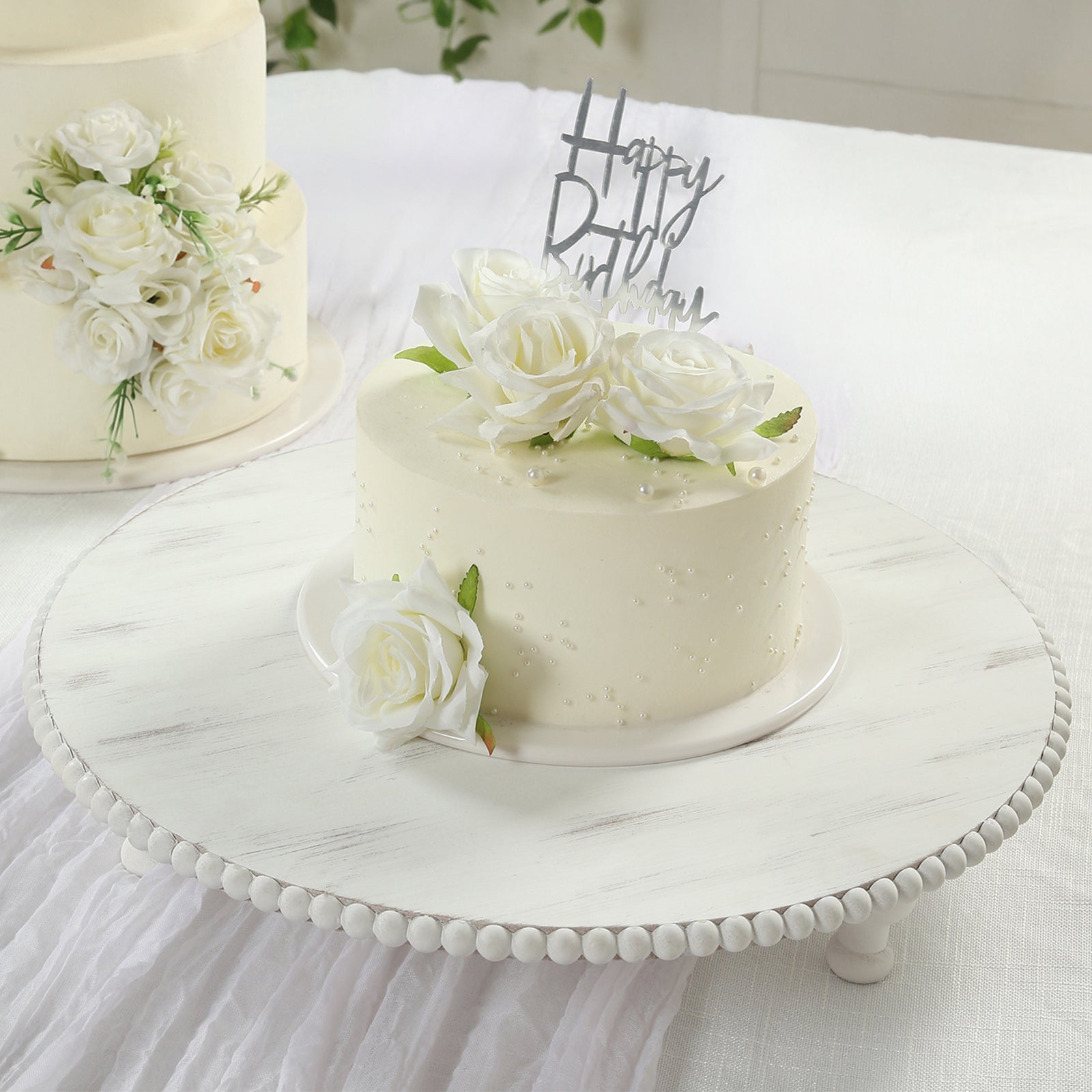 18" Rustic Wooden Cake Stand – Antique White Pedestal with Beaded Edge, Cupcake Display or Wood Slice Tray