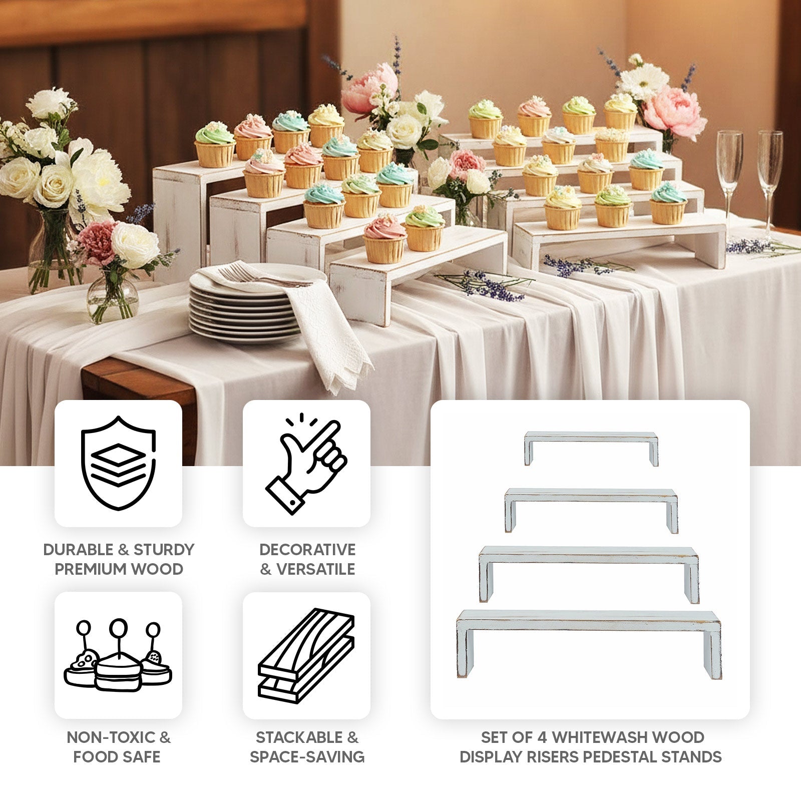 Set of 4 Wooden Display Risers Whitewash Rectangular Bench Style - Stackable Rustic Farmhouse Nesting Stands 14", 16", 17", 19"