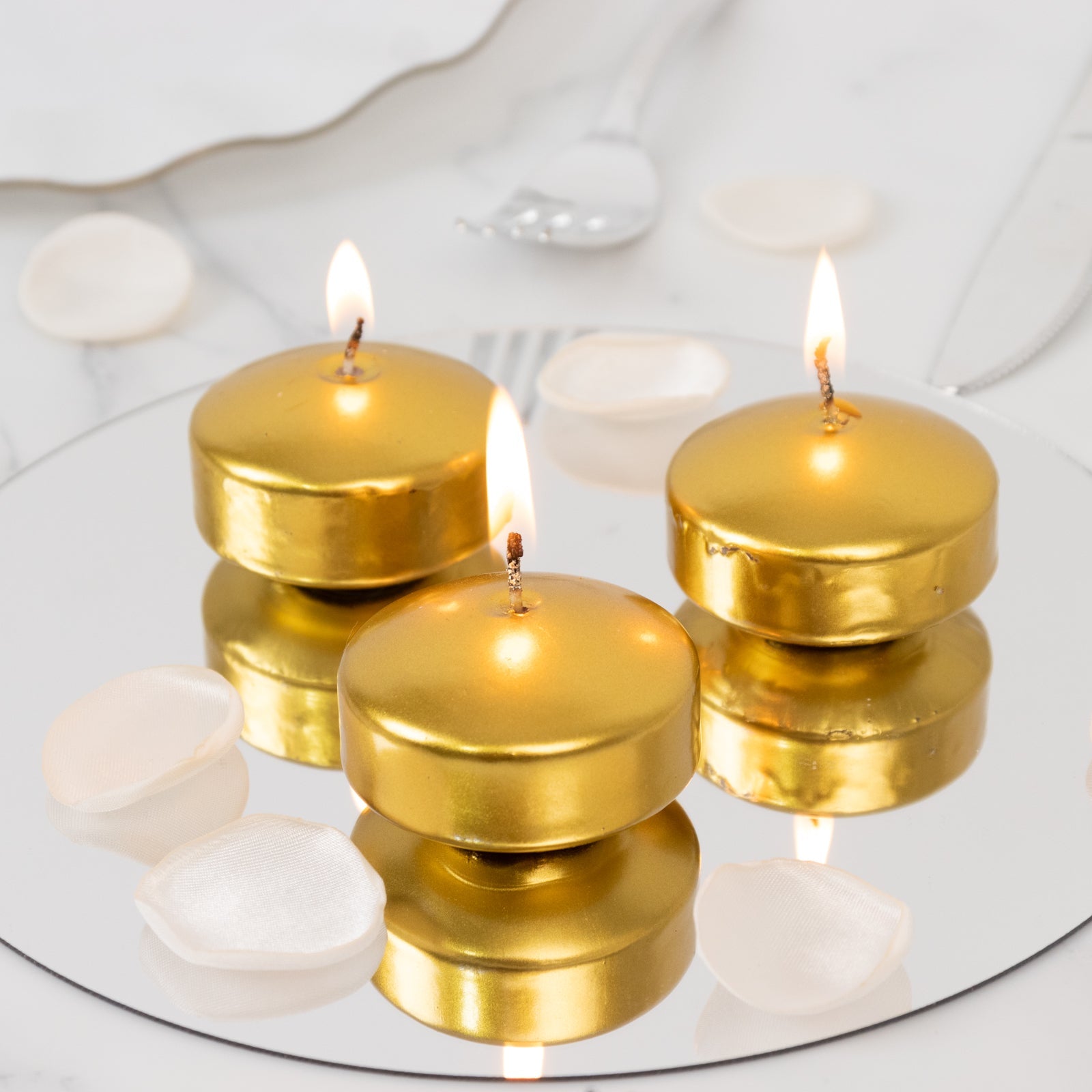 12 Pack 2" Metallic Gold Floating Candles – Unscented Dripless Long-Lasting Disc Wax Candles for Weddings & Table Décor