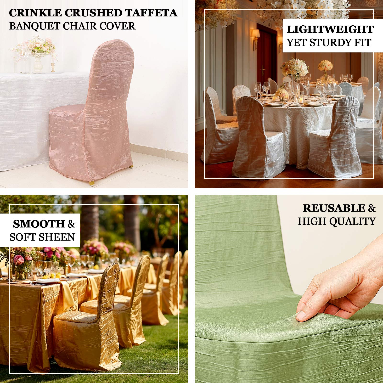 Crinkle Crushed Taffeta Chair Cover for Banquet Chairs Hunter Emerald Green - Reusable Slipcover
