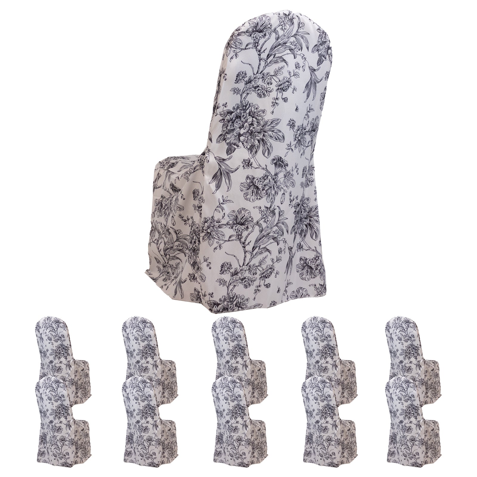 10 Pack Polyester Chair Covers  for Banquet Chairs – White Black French Toile Pattern, Reusable Stain-Resistant Slip-On Slipcovers