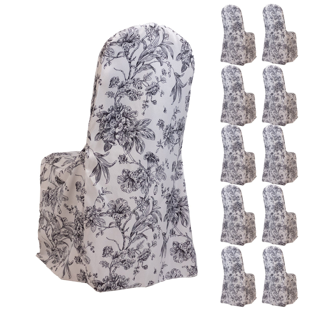 10 Pack Polyester Chair Covers  for Banquet Chairs – White Black French Toile Pattern, Reusable Stain-Resistant Slip-On Slipcovers