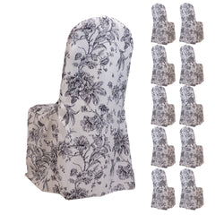 10 Pack Polyester Chair Covers  for Banquet Chairs – White Black French Toile Pattern, Reusable Stain-Resistant Slip-On Slipcovers