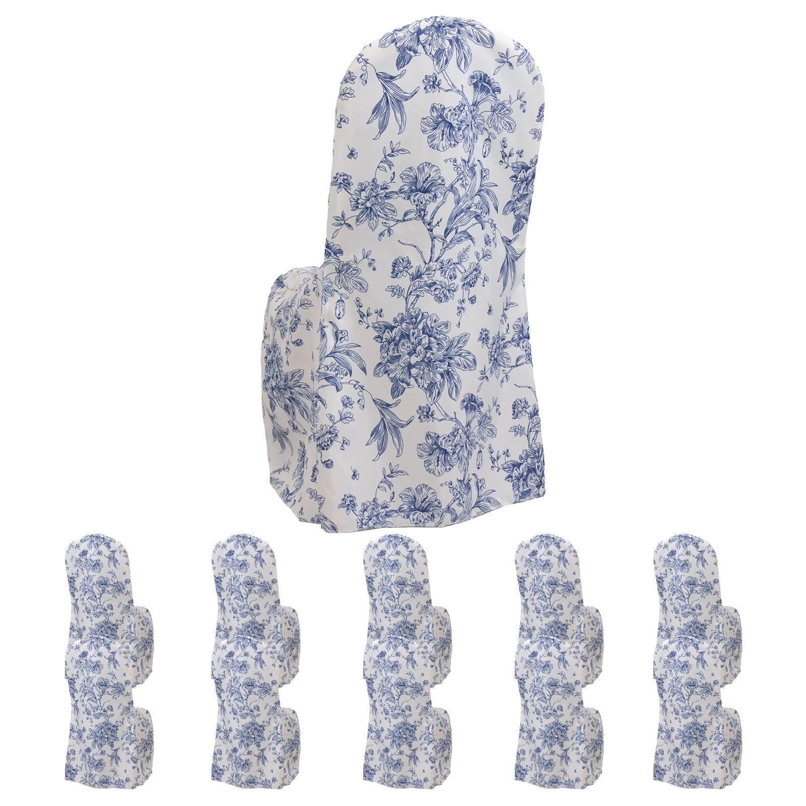 10 Pack Polyester Chair Covers  for Banquet Chairs – White Blue French Toile Pattern, Reusable Stain-Resistant Slip-On Slipcovers