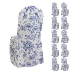 10 Pack Polyester Chair Covers  for Banquet Chairs – White Blue French Toile Pattern, Reusable Stain-Resistant Slip-On Slipcovers