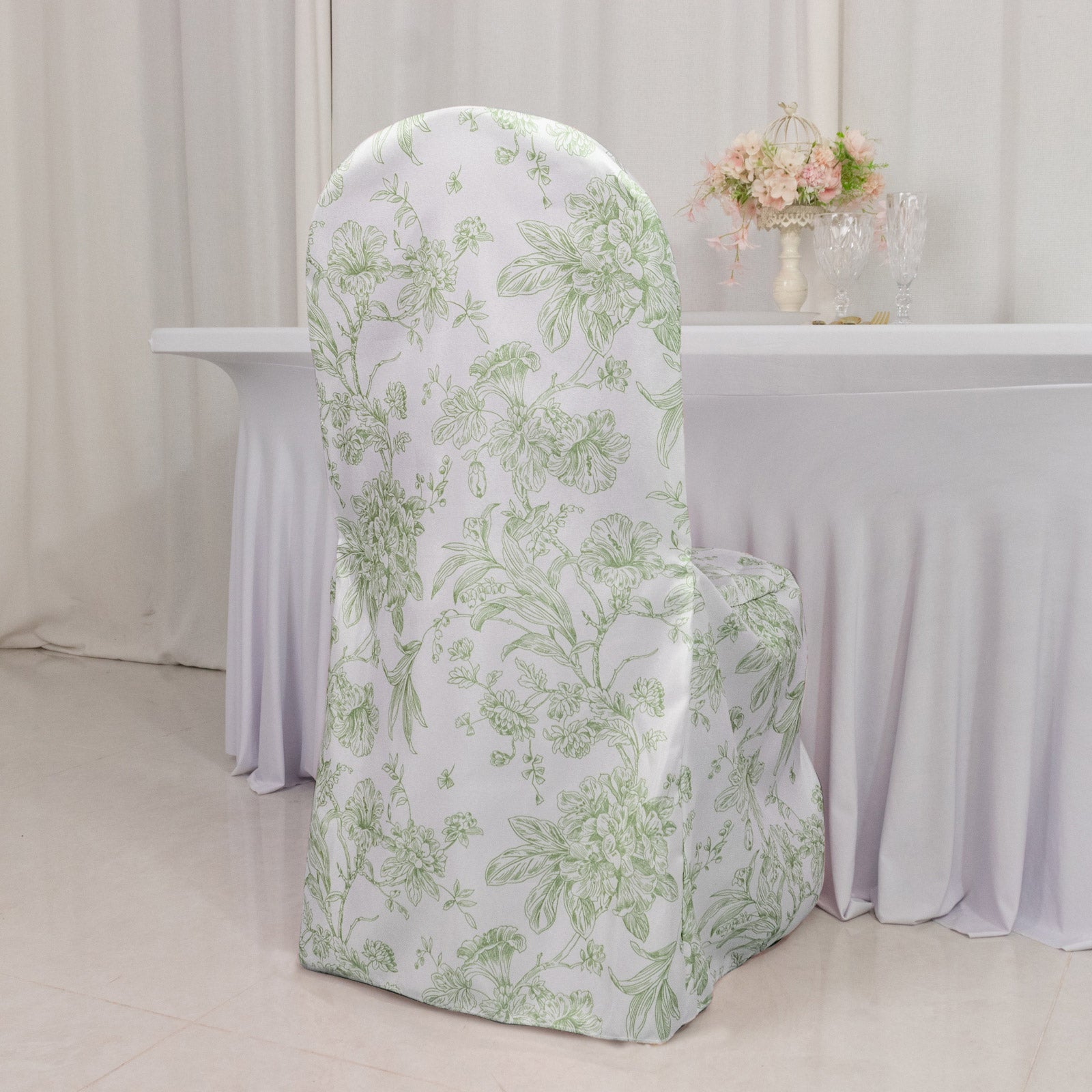 10 Pack Polyester Chair Covers  for Banquet Chairs – White Dusty Sage Green French Toile Pattern, Reusable Stain-Resistant Slip-On Slipcovers