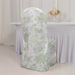 10 Pack Polyester Chair Covers  for Banquet Chairs – White Dusty Sage Green French Toile Pattern, Reusable Stain-Resistant Slip-On Slipcovers