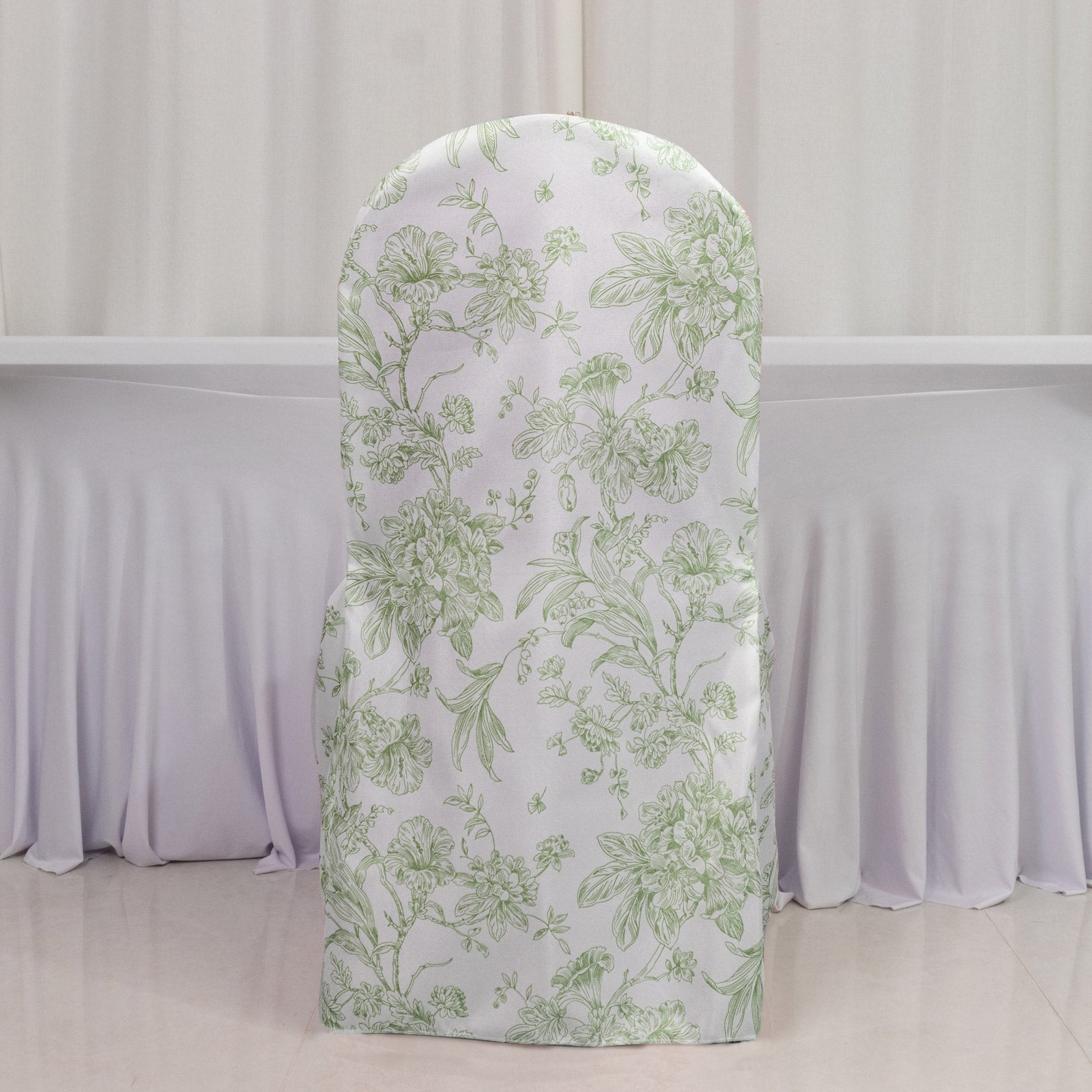 10 Pack Polyester Chair Covers  for Banquet Chairs – White Dusty Sage Green French Toile Pattern, Reusable Stain-Resistant Slip-On Slipcovers