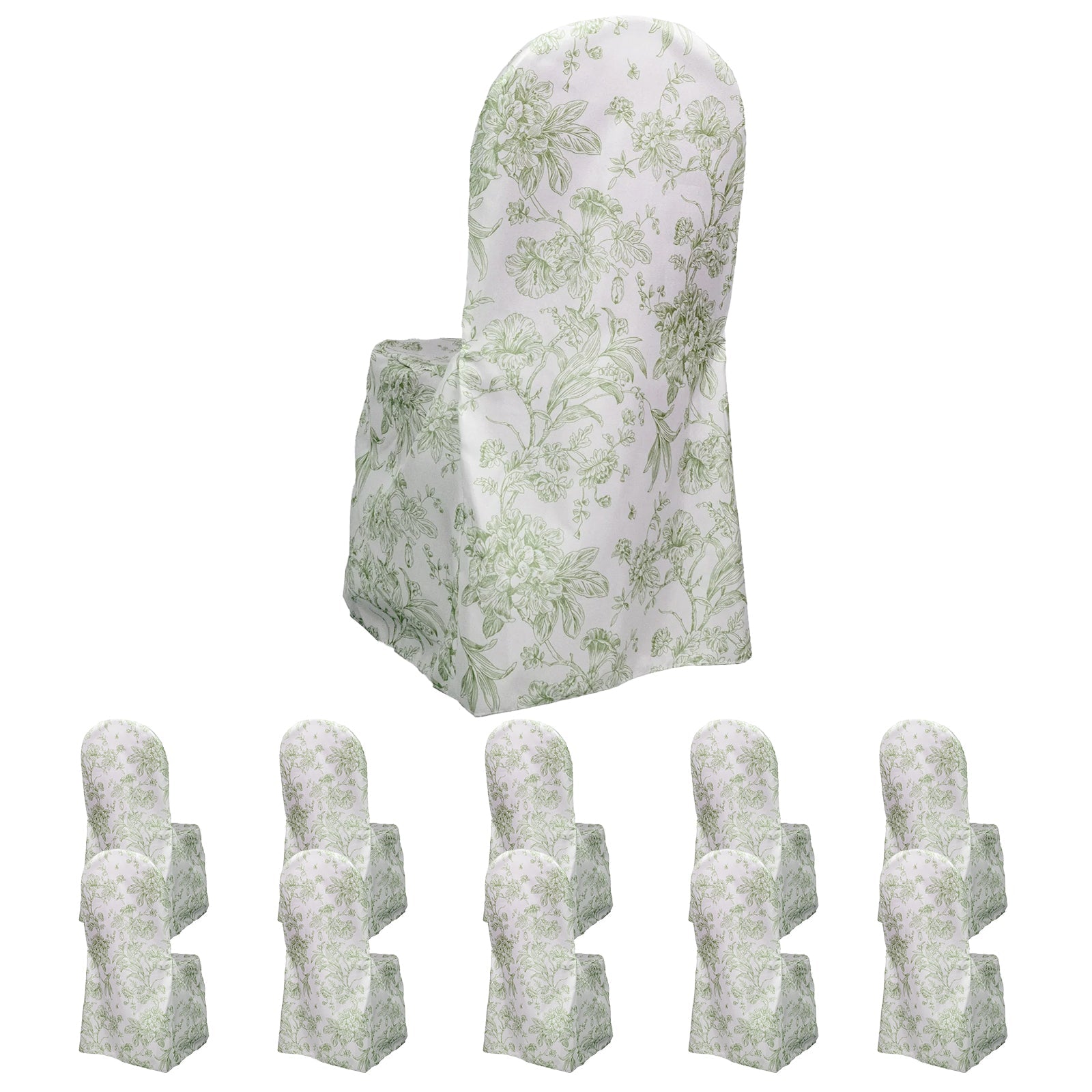 10 Pack Polyester Chair Covers  for Banquet Chairs – White Dusty Sage Green French Toile Pattern, Reusable Stain-Resistant Slip-On Slipcovers