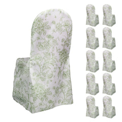 10 Pack Polyester Chair Covers  for Banquet Chairs – White Dusty Sage Green French Toile Pattern, Reusable Stain-Resistant Slip-On Slipcovers
