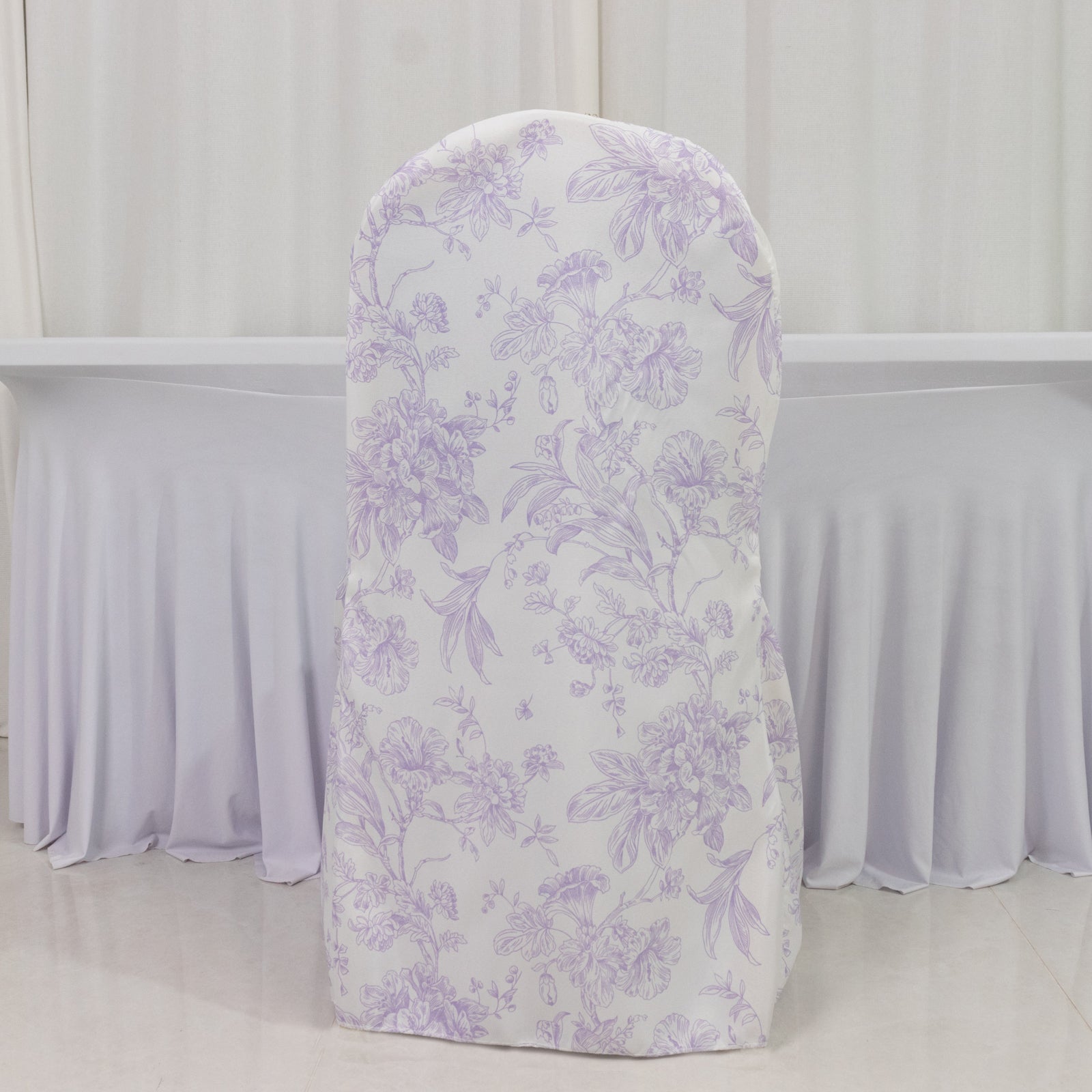 10 Pack Polyester Chair Covers  for Banquet Chairs – White Lavender Lilac French Toile Pattern, Reusable Stain-Resistant Slip-On Slipcovers