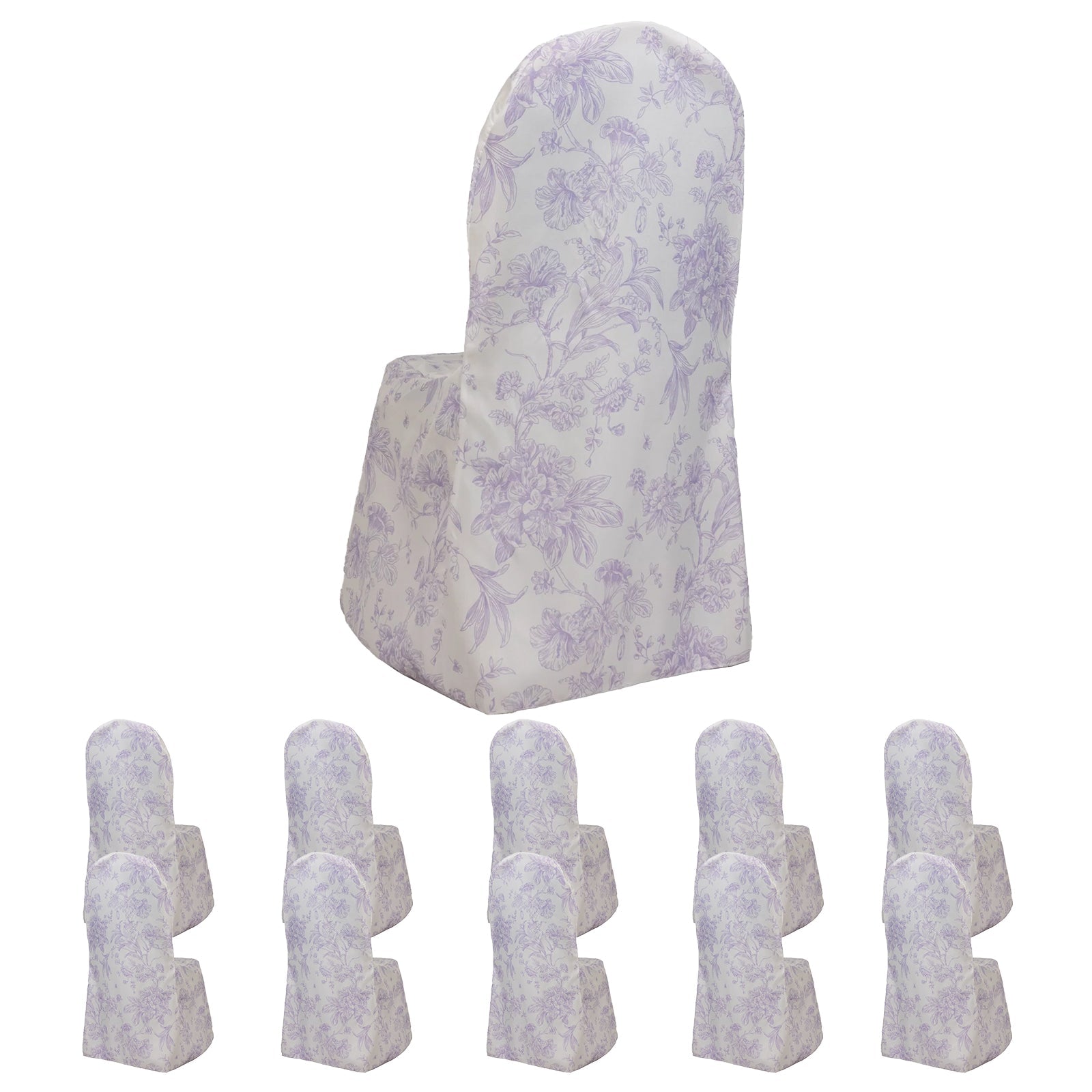 10 Pack Polyester Chair Covers  for Banquet Chairs – White Lavender Lilac French Toile Pattern, Reusable Stain-Resistant Slip-On Slipcovers