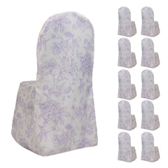 10 Pack Polyester Chair Covers  for Banquet Chairs – White Lavender Lilac French Toile Pattern, Reusable Stain-Resistant Slip-On Slipcovers