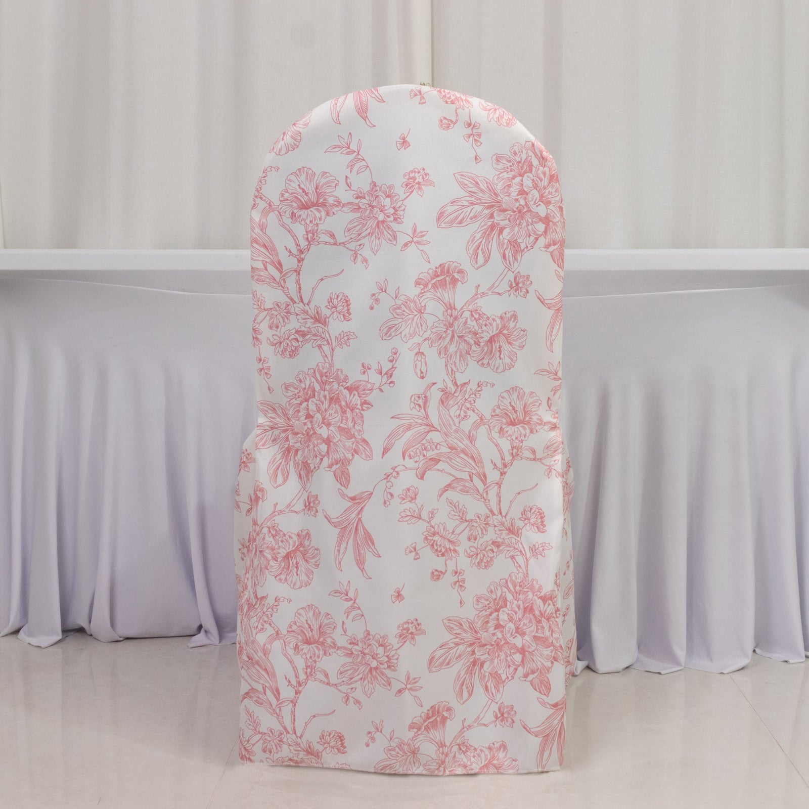 10 Pack Polyester Chair Covers  for Banquet Chairs – White Pink French Toile Pattern, Reusable Stain-Resistant Slip-On Slipcovers