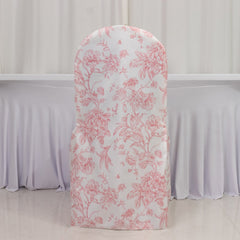 10 Pack Polyester Chair Covers  for Banquet Chairs – White Pink French Toile Pattern, Reusable Stain-Resistant Slip-On Slipcovers