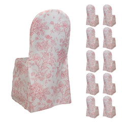 10 Pack Polyester Chair Covers  for Banquet Chairs – White Pink French Toile Pattern, Reusable Stain-Resistant Slip-On Slipcovers