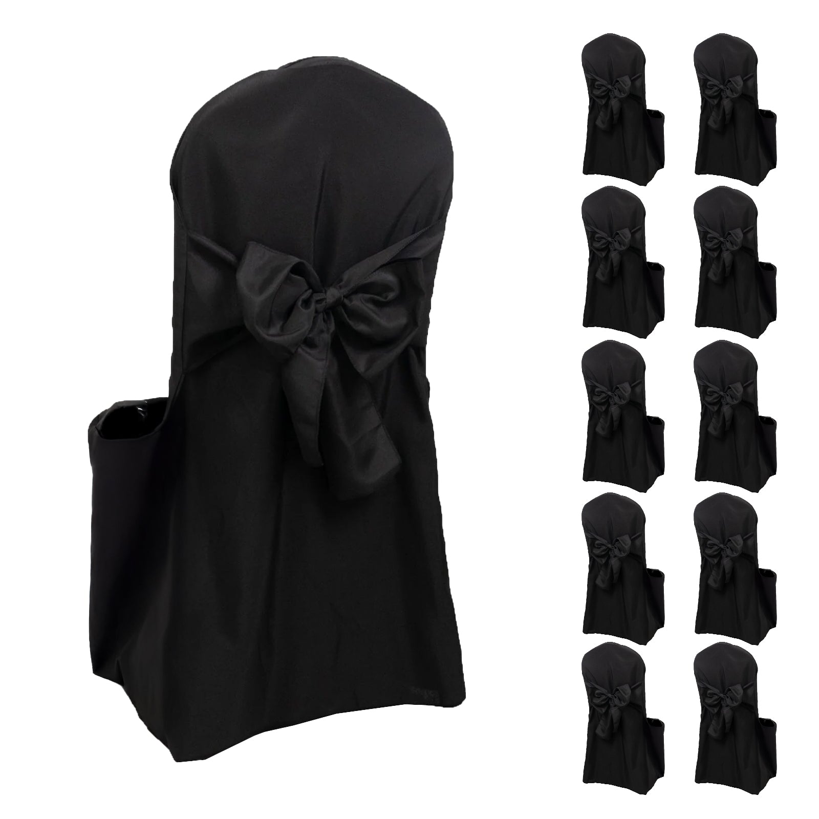 10-Pack Polyester Slip-On Banquet Chair Covers with Attached Sashes – Black Reusable Stain-Resistant Covers for Wedding & Event Decor