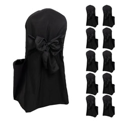 10-Pack Polyester Slip-On Banquet Chair Covers with Attached Sashes – Black Reusable Stain-Resistant Covers for Wedding & Event Decor