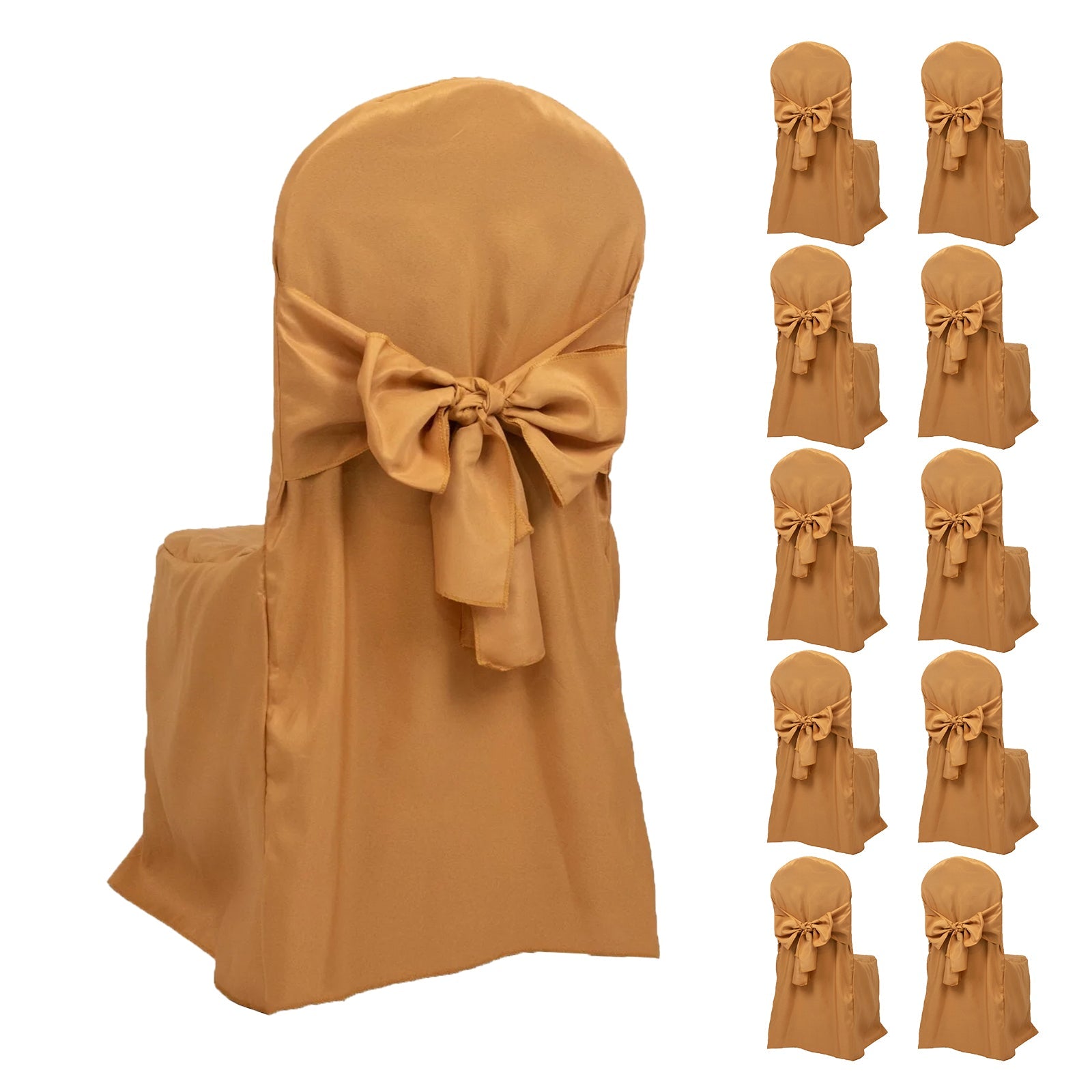 10-Pack Polyester Slip-On Banquet Chair Covers with Attached Sashes – Gold Reusable Stain-Resistant Covers for Wedding & Event Decor